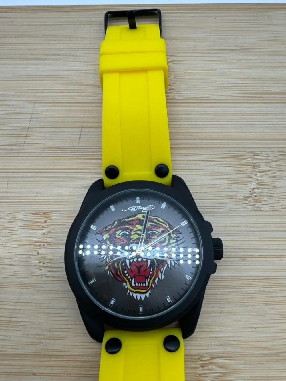 Ed Hardy Men's Tiger Dial Watch Yellow Silicone Strap Black Case Quartz